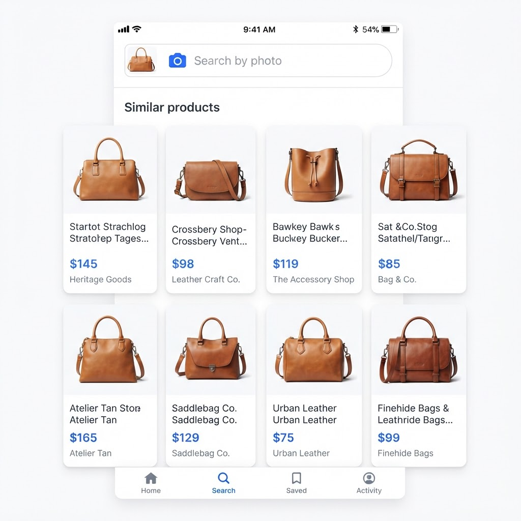 BLOM visual search screen showing similar handbags found from an uploaded photo
