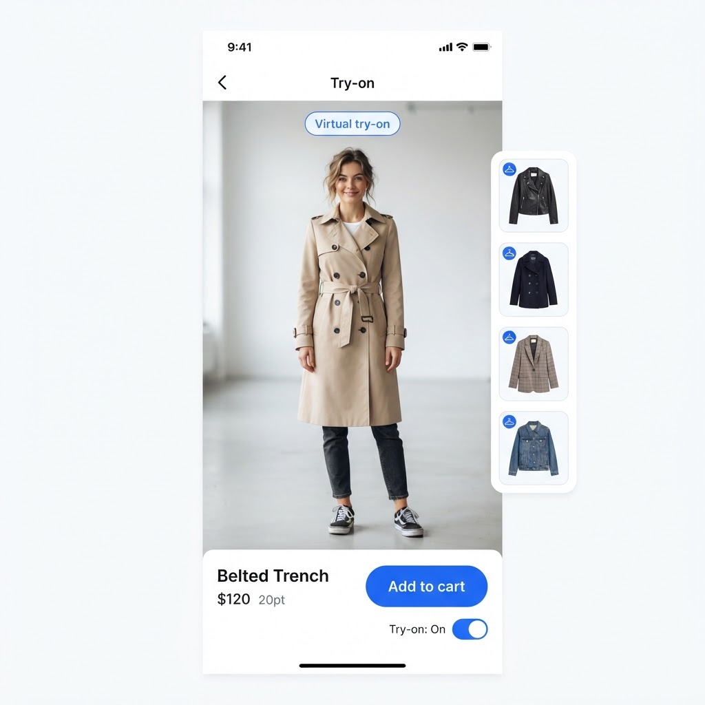 BLOM virtual try-on screen showing a coat previewed on a shopper
